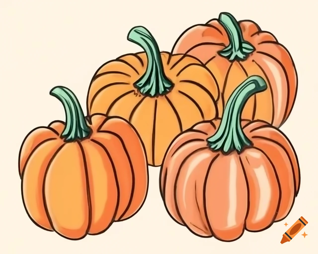Storybook style pumpkins in shades of brown, orange, and green