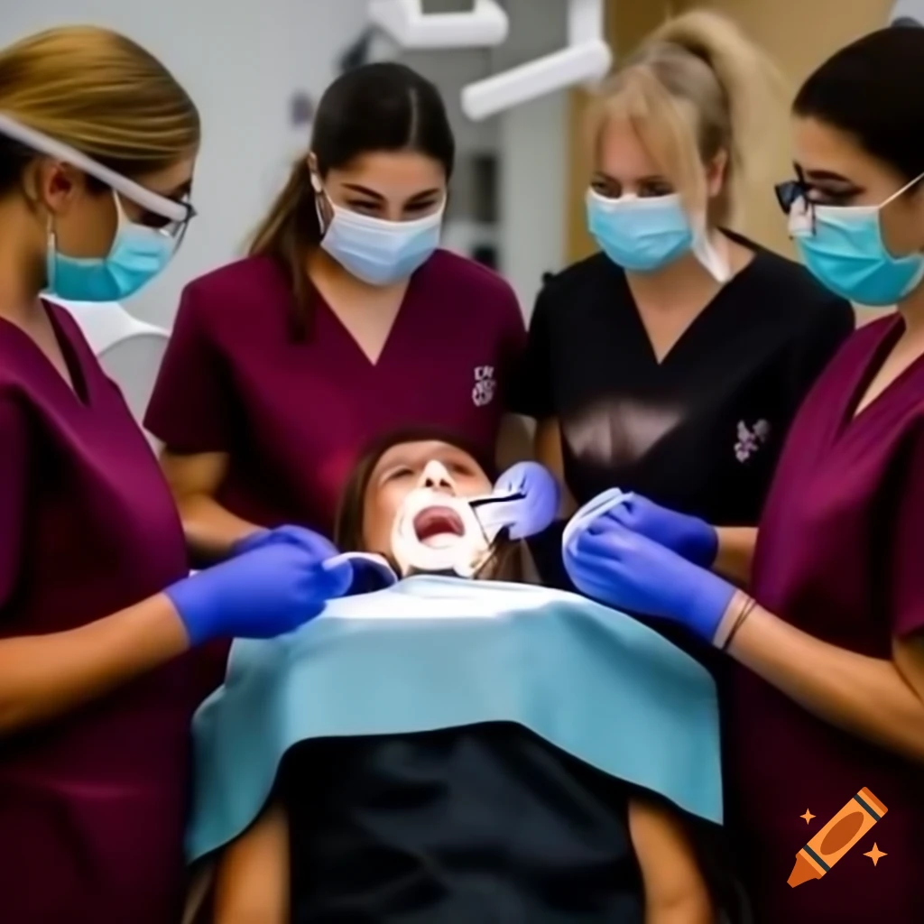 Dental students in burgundy tunics treating patients in clinic setting