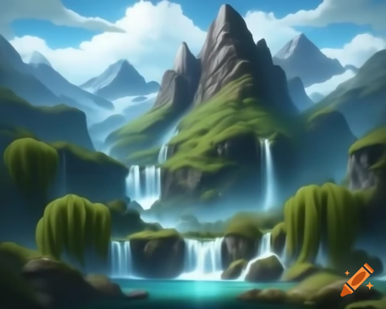 Mountain range featuring waterfalls and willow trees
