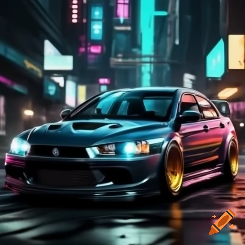 Lancer evolution in a vibrant cyberpunk city setting