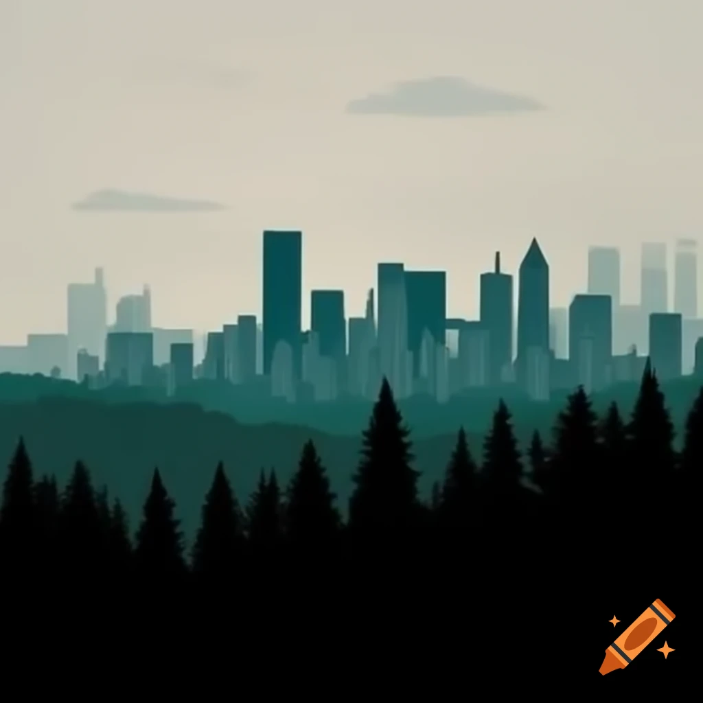 City skyline with forest silhouette
