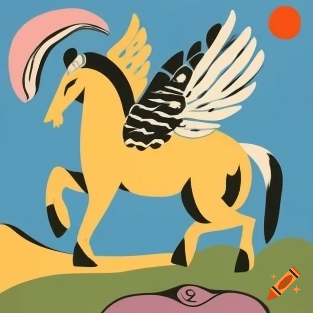 Pegasus depicted in Picasso style influenced by Chirico