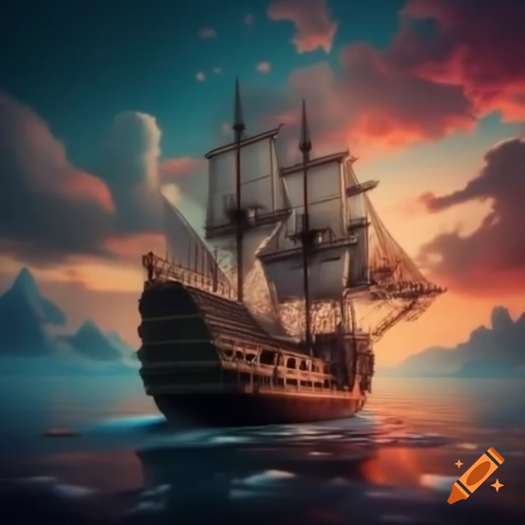 Spanish galleon sailing into sunset in surreal fluorescent style