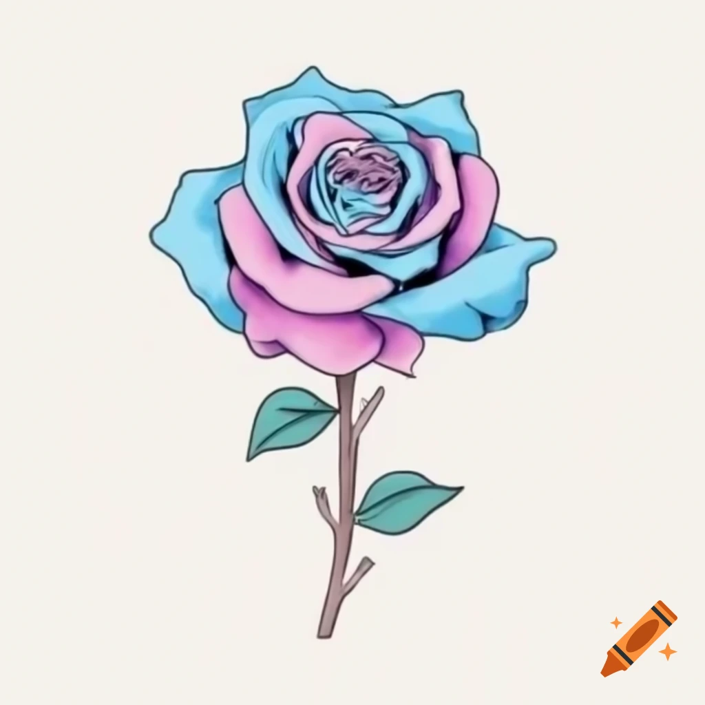 Pastel drawing of rose flower with blue and pink petals and thorny stem