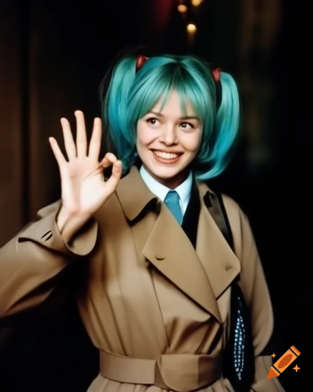Vintage photo of actress portraying miku hatsune at comiket with peace