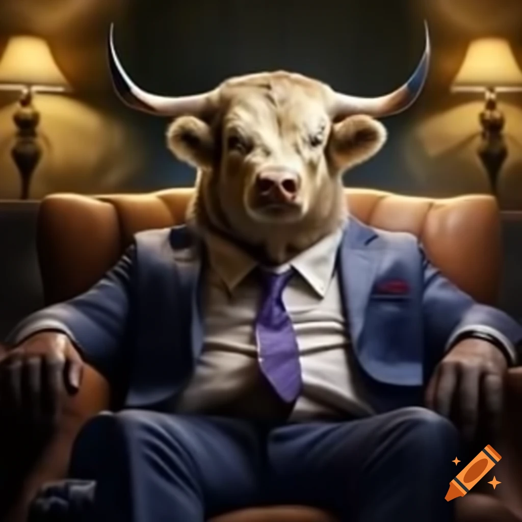 Bull and bear in suits sitting together on king-sized sofa