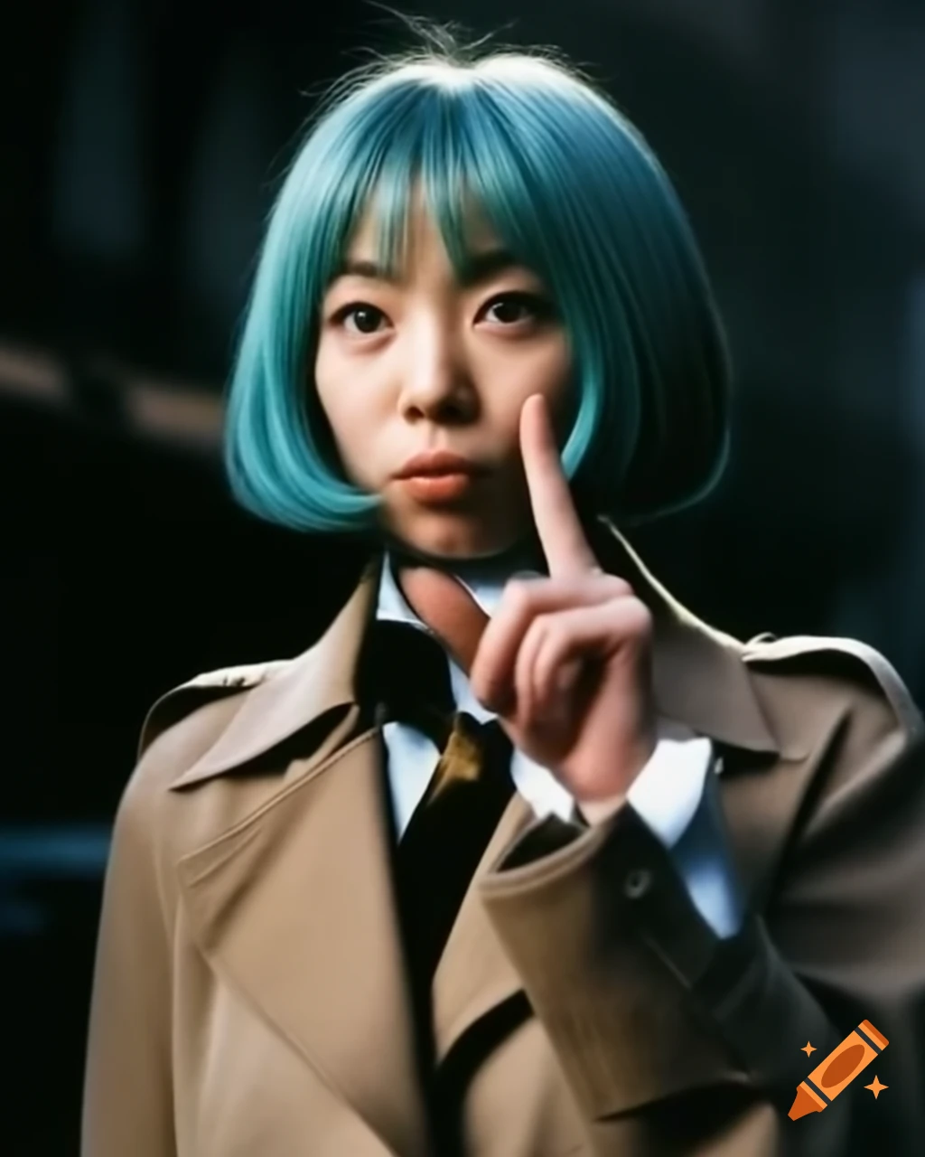Vintage photo of actress resembling Miku Hatsune from 1960s doing peace sign