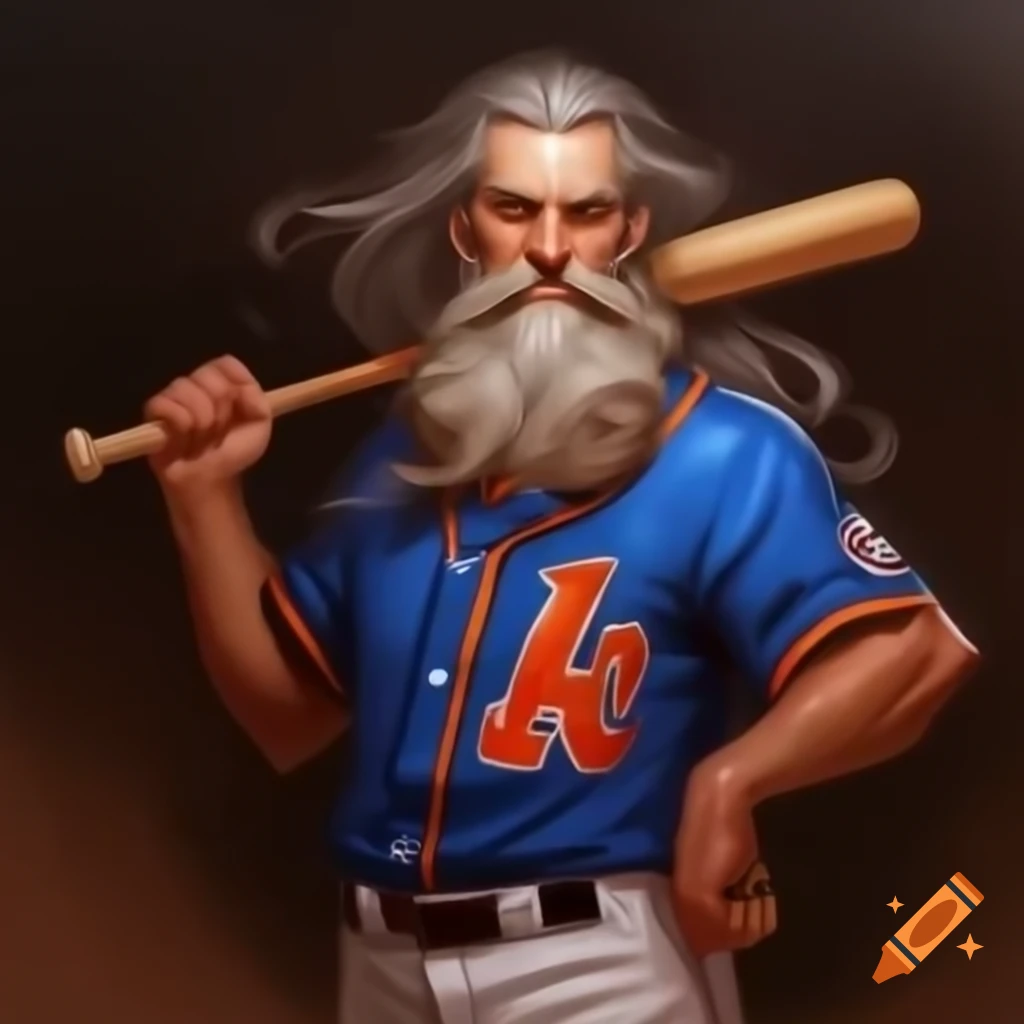 Fashionable old man with long hair and beard in baseball jersey holding bat, oil painting