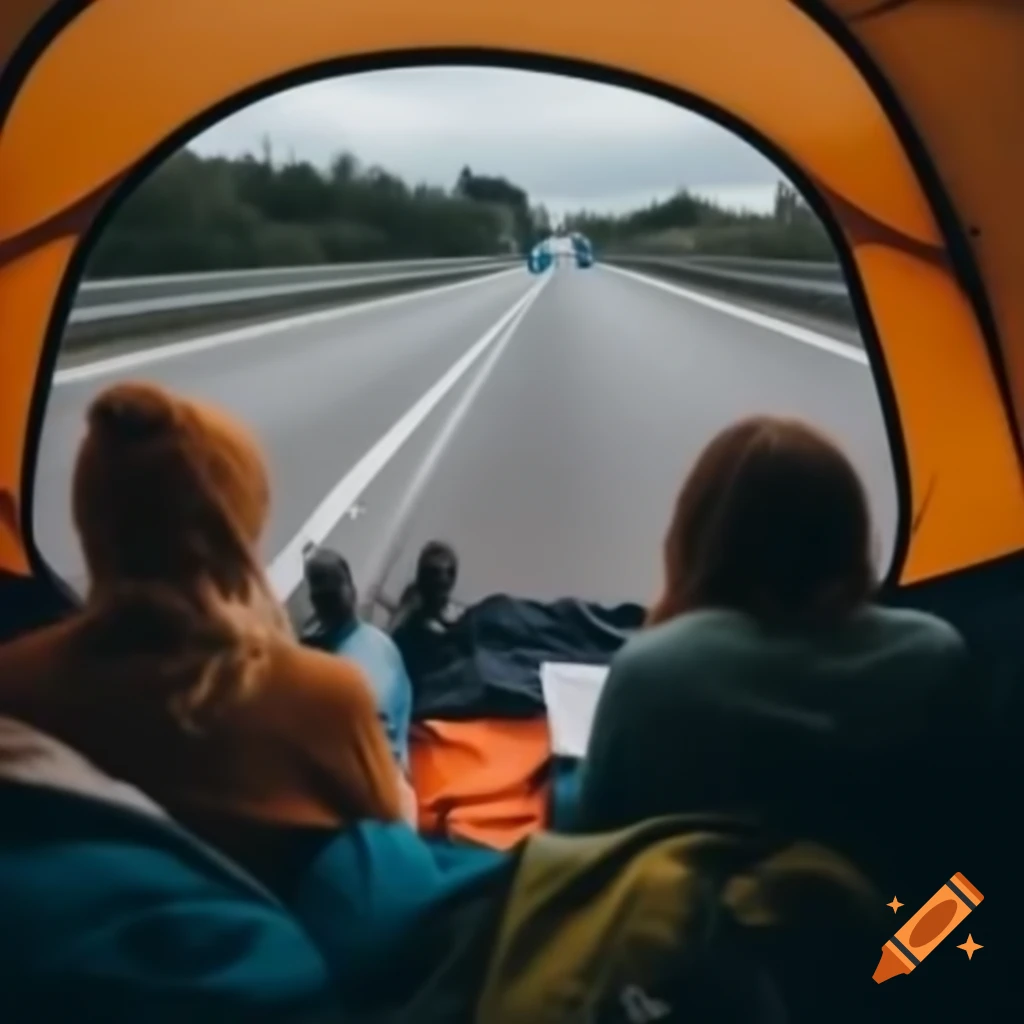 People camping on a motorway with tent view