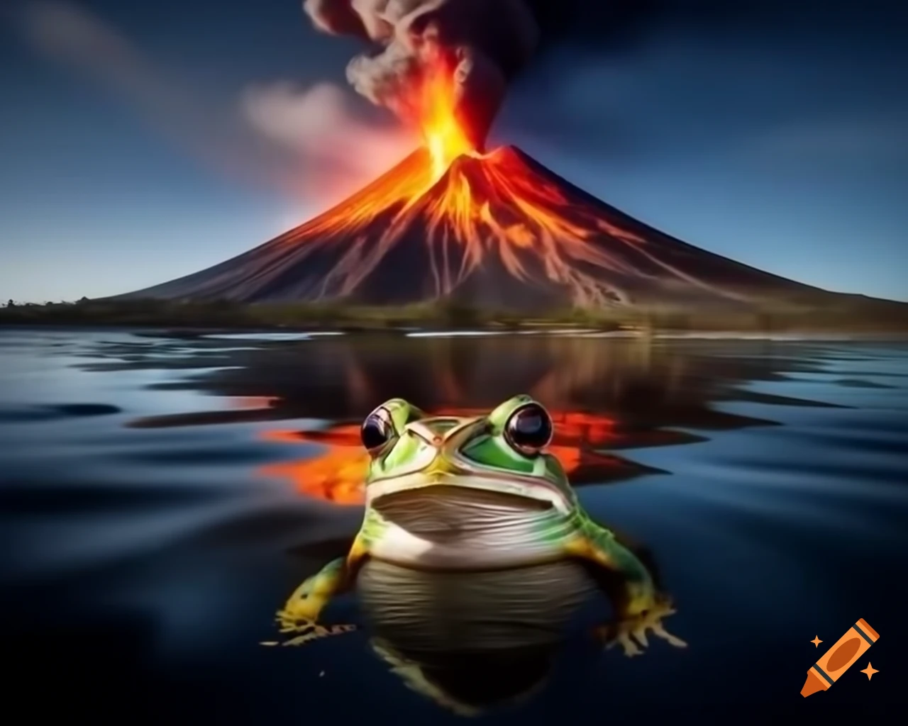 Frog on boat with erupting volcano in background, hyper-realistic close-up