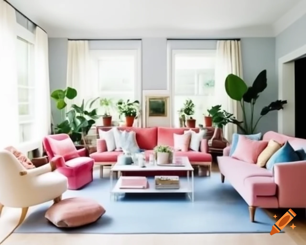 Pastel living room with gray walls, pink sofa, plants, and natural light