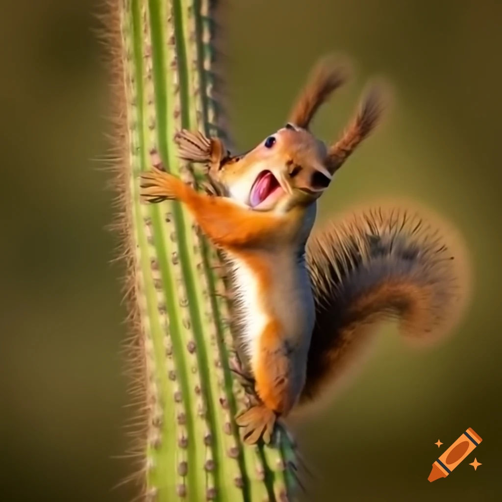 Squirrel climbing tall cactus with an expression of distress