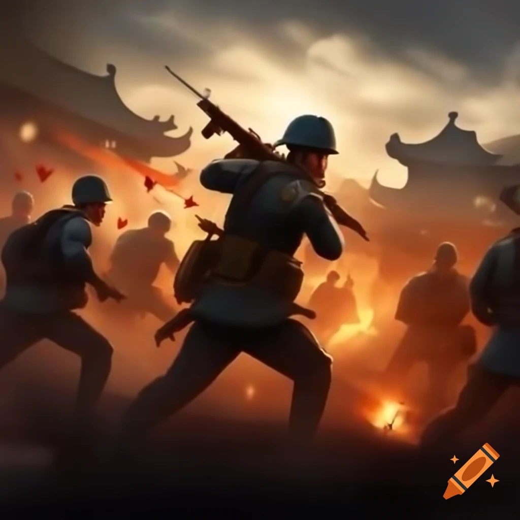 Dynamic battlefield scene with Chinese soldiers using fire lances against Mongols