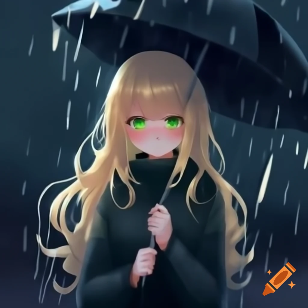 Anime girl with blonde wavy hair and green eyes holding umbrella in the rain at night