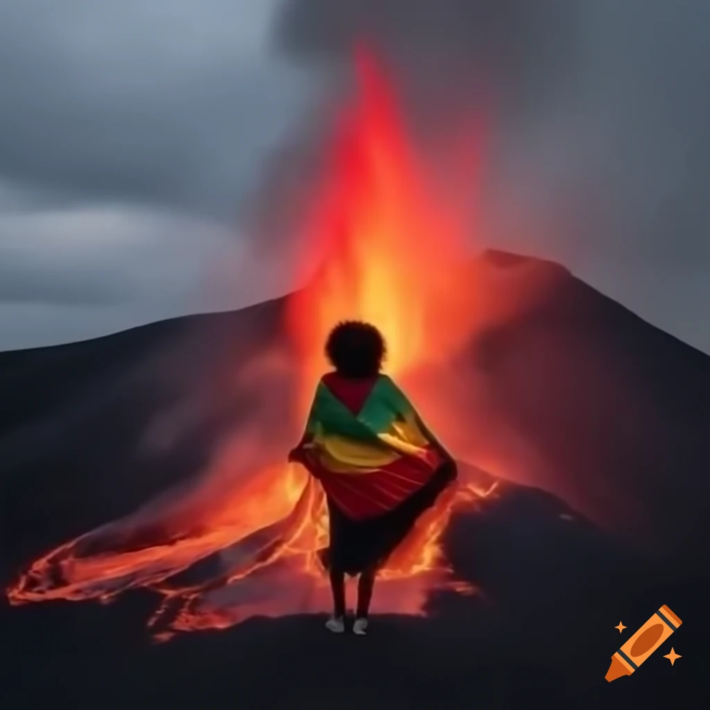 Rasta woman standing near a volcano