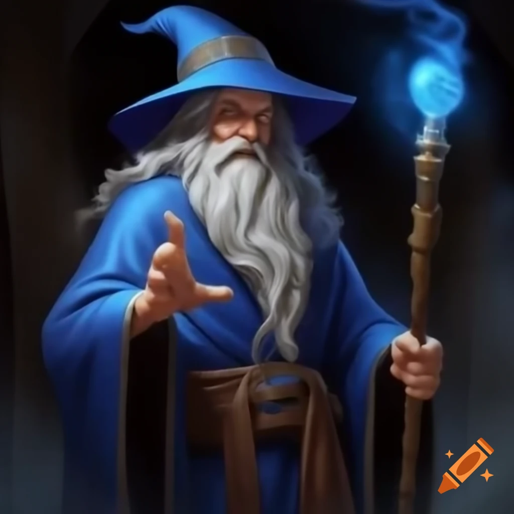 Evil wizard in blue robes and hat with magic staff