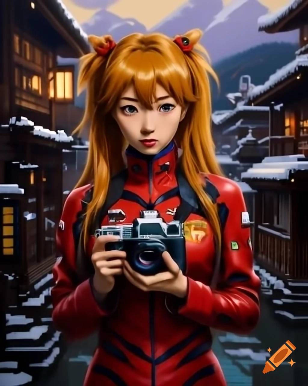 Cosplay actress as Asuka Langley in snowy Japanese town, detailed face and iconic hairstyle, pixel art
