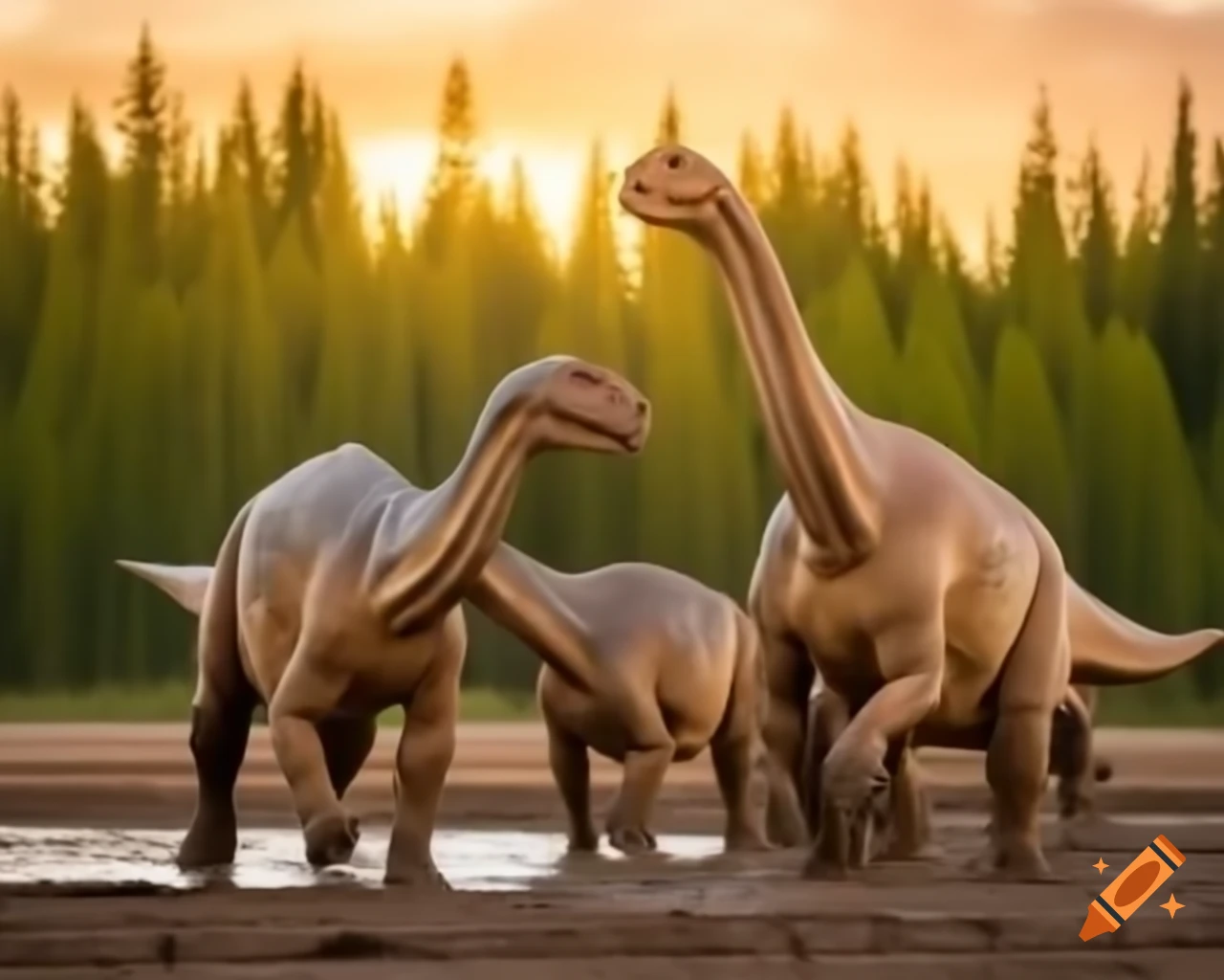 Hadrosaurus trio walking along muddy lake bank in British Columbia during golden hour