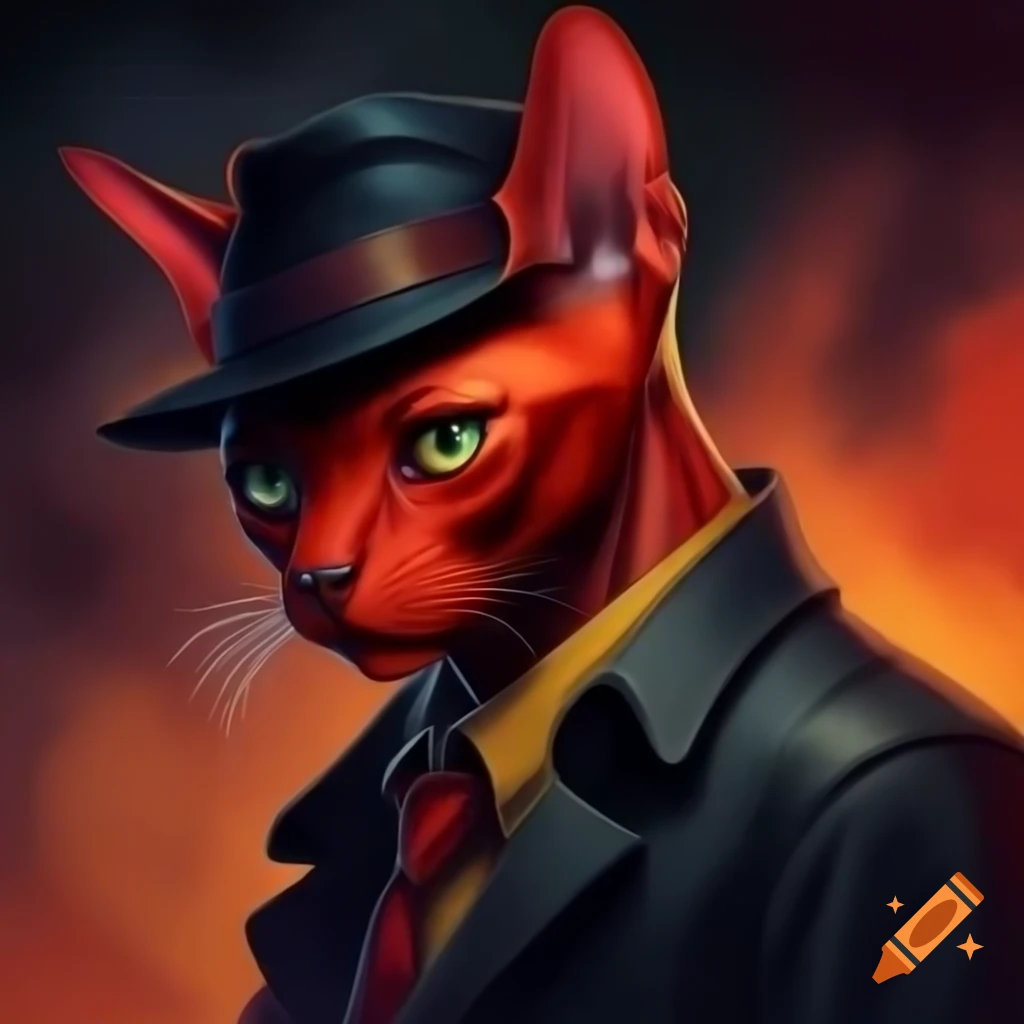 Red-skinned Sphinx cat depicted as a gangster in drawing