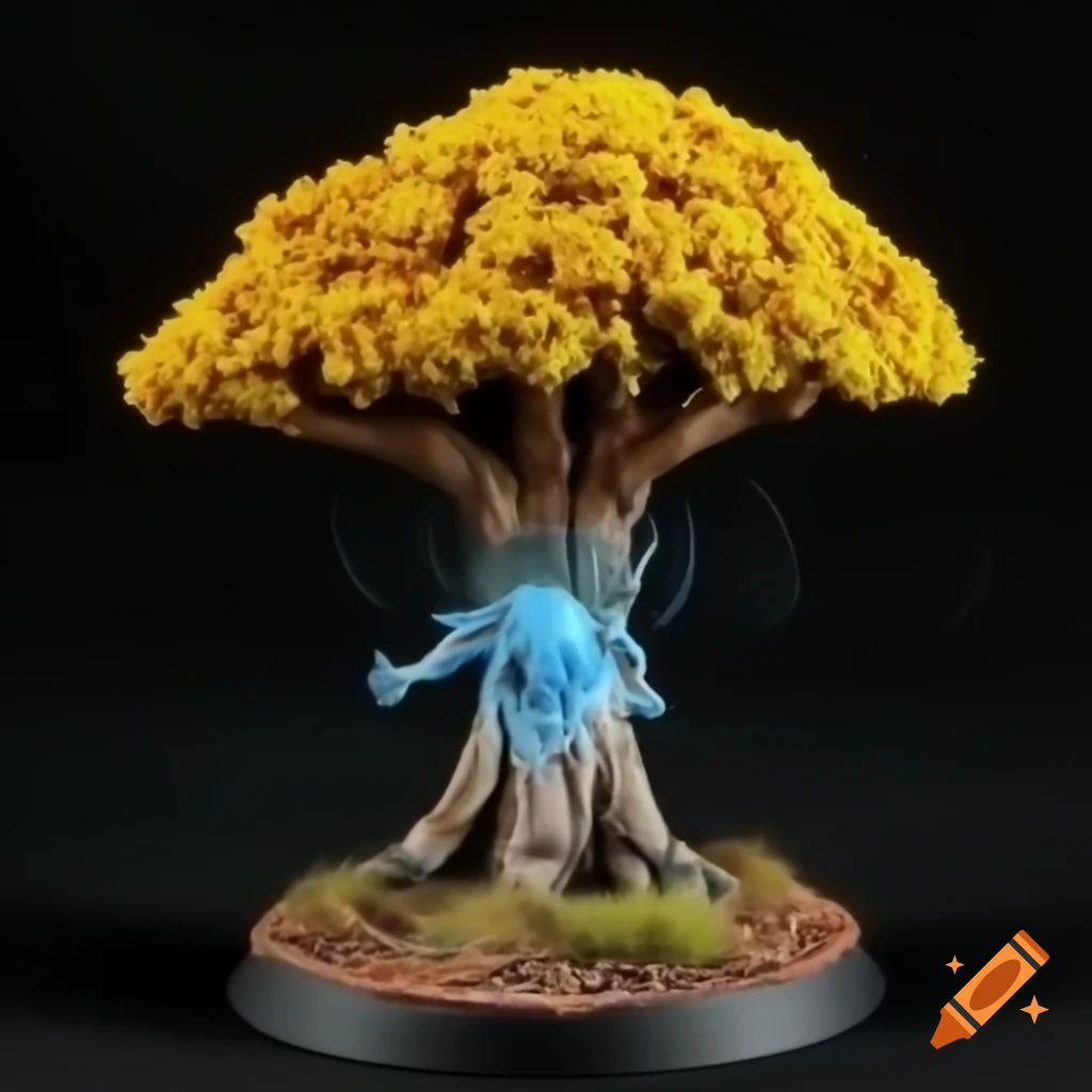 Miniature tree person from Warhammer fantasy with tan bark and yellow leaves