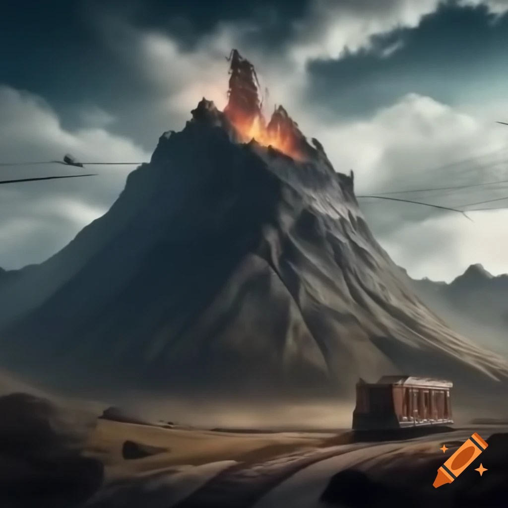 Wizard laboratory on volcanic mountain with cable car and fortress in wasteland