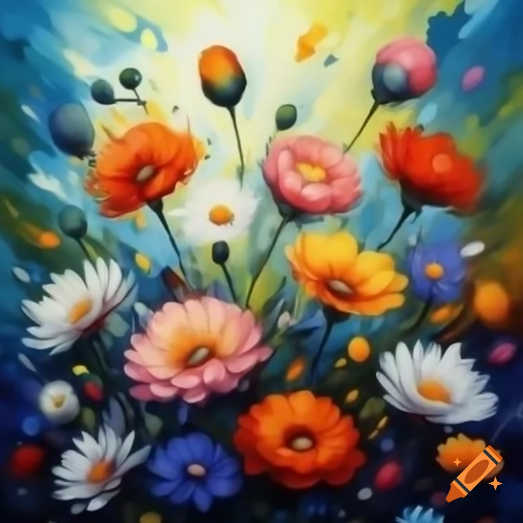 Abstract oil painting of vibrant exploding garden flowers in high detail