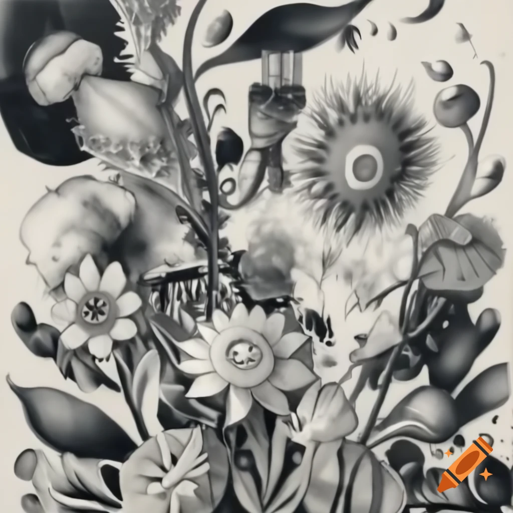Surreal black and white ink drawing of flowers in steampunk style