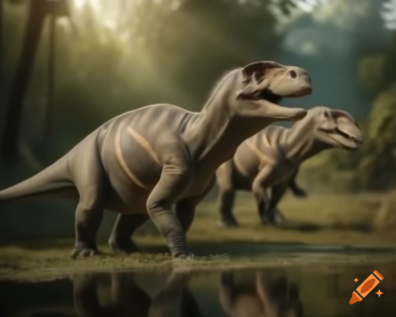 Iguanodon dinosaurs walking along sunny shore of forest pond, backlit