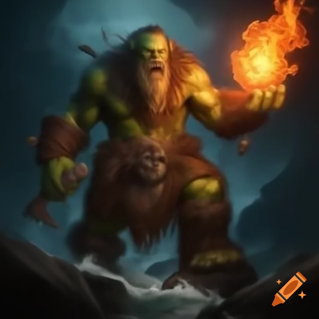 Orc shaman summoning a flaming imp over rocky sea