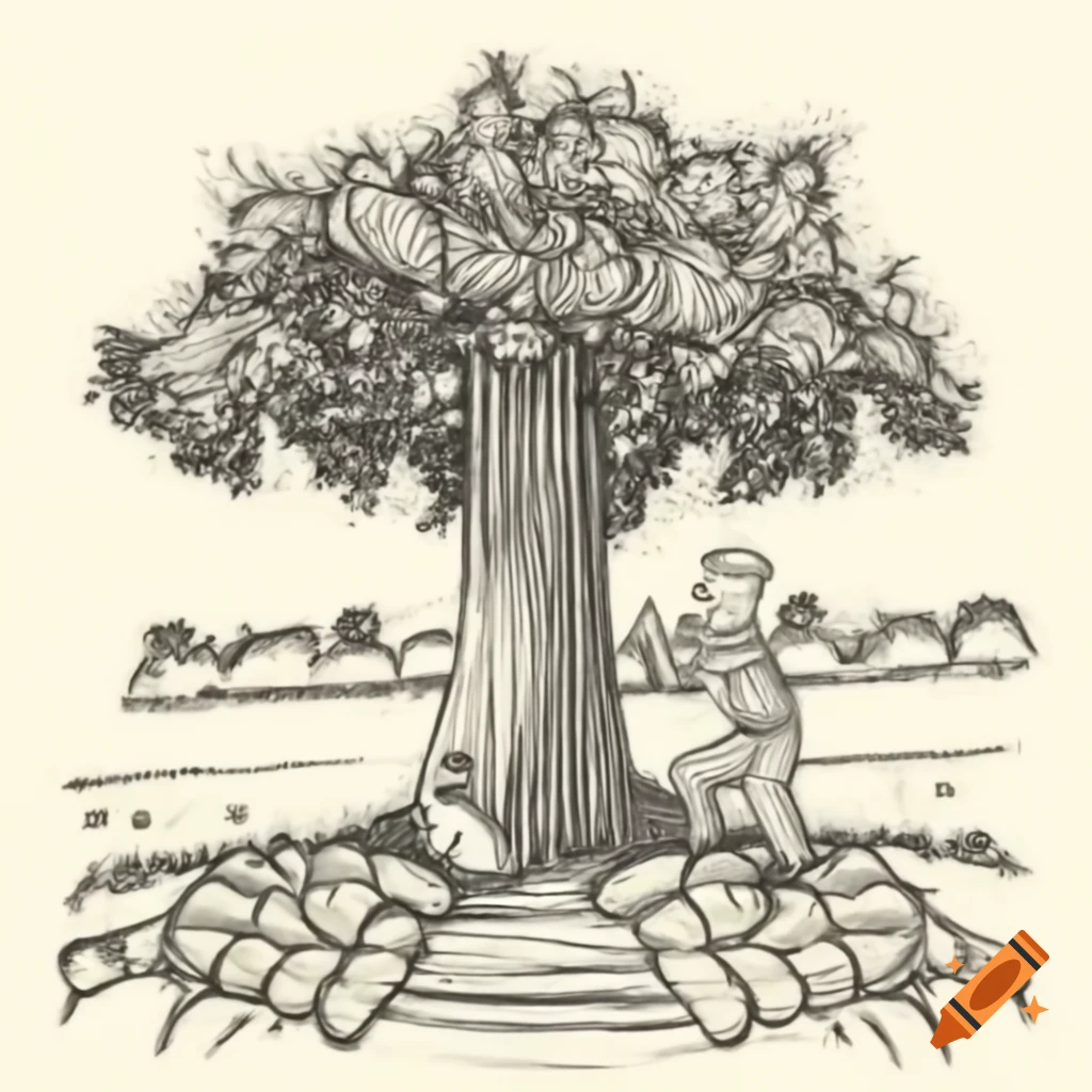 Cartoonish farmer digging under oak tree and discovering garlic