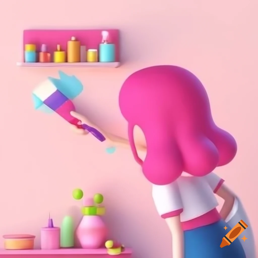 Woman with pink hair decorating a wall with a paintbrush, cartoon style