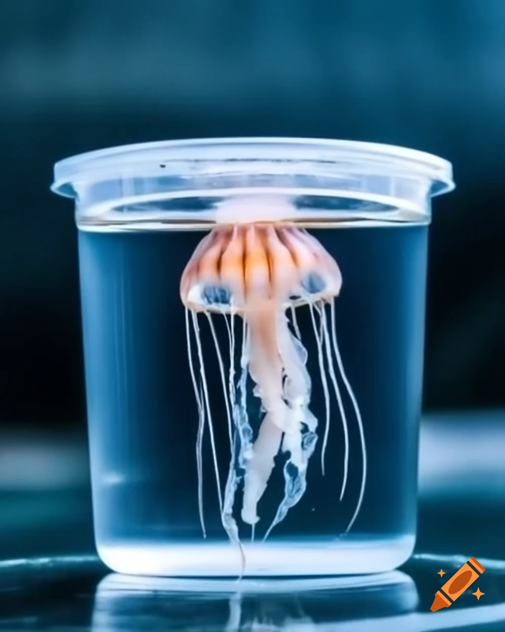 Small jellyfish swimming in clear cup on table