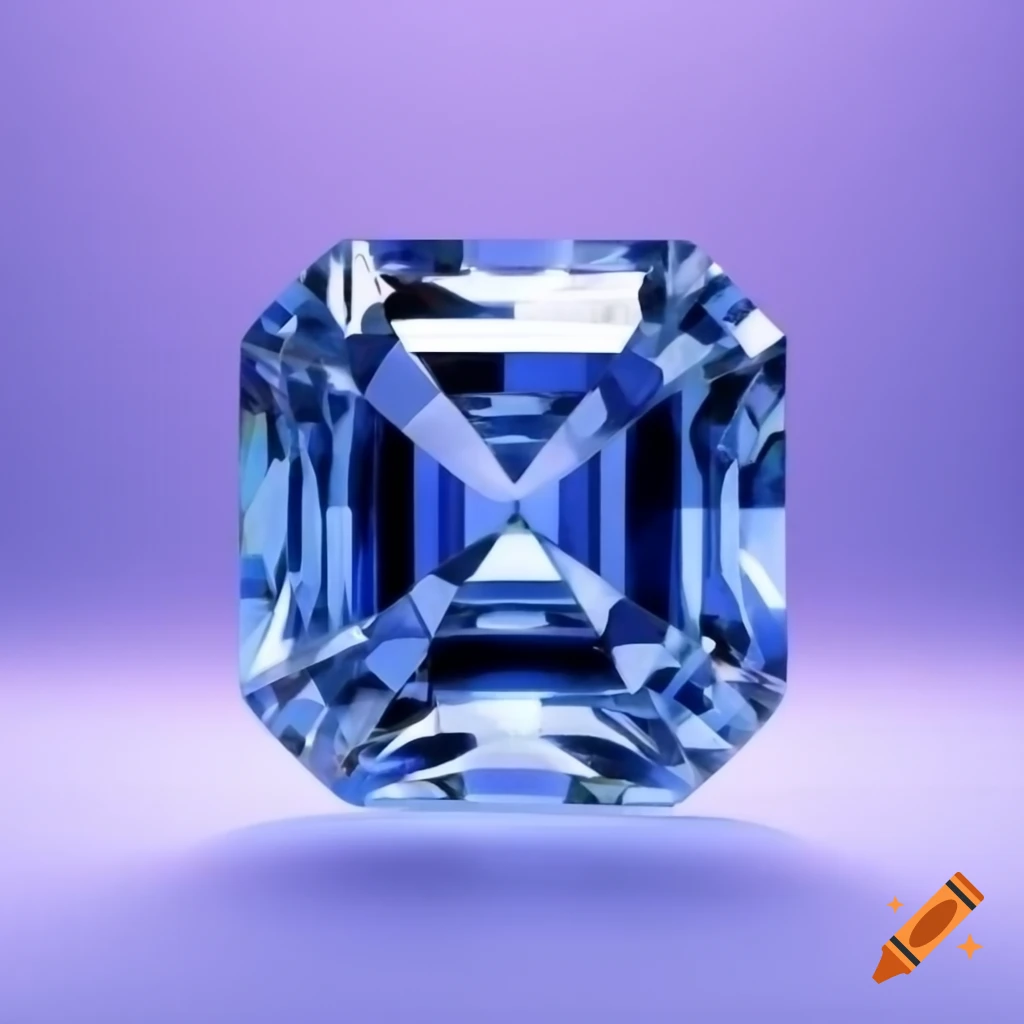 Square-cut blue diamond on pale lavender background showing colorful light refraction