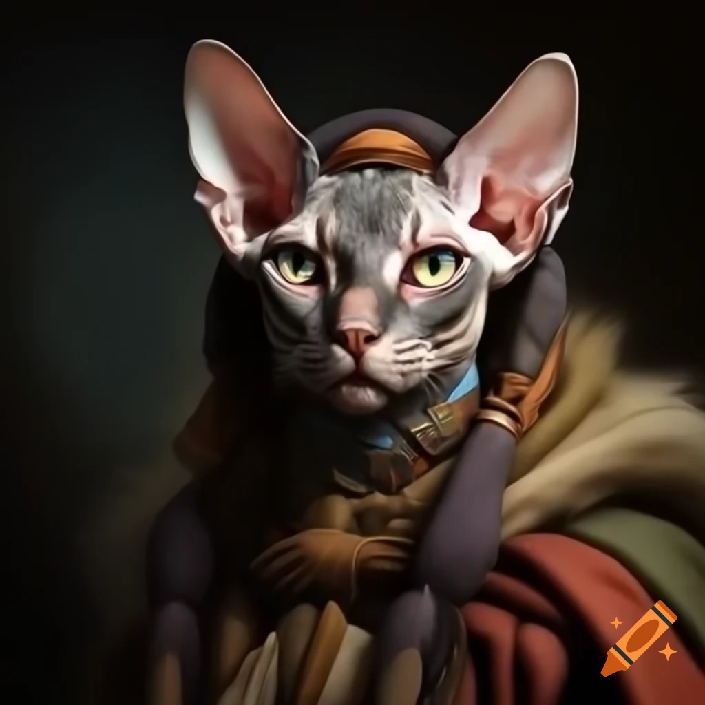 Fantasy Tabaxi Sphynx cat dressed as Bedouin warrior, realistic portrait