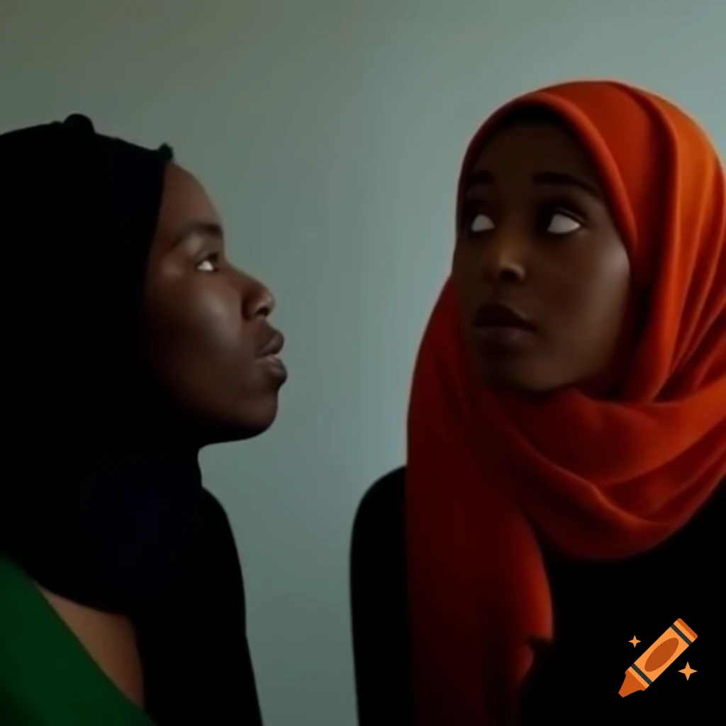 Two black women in hijab having a conversation, expressing fear