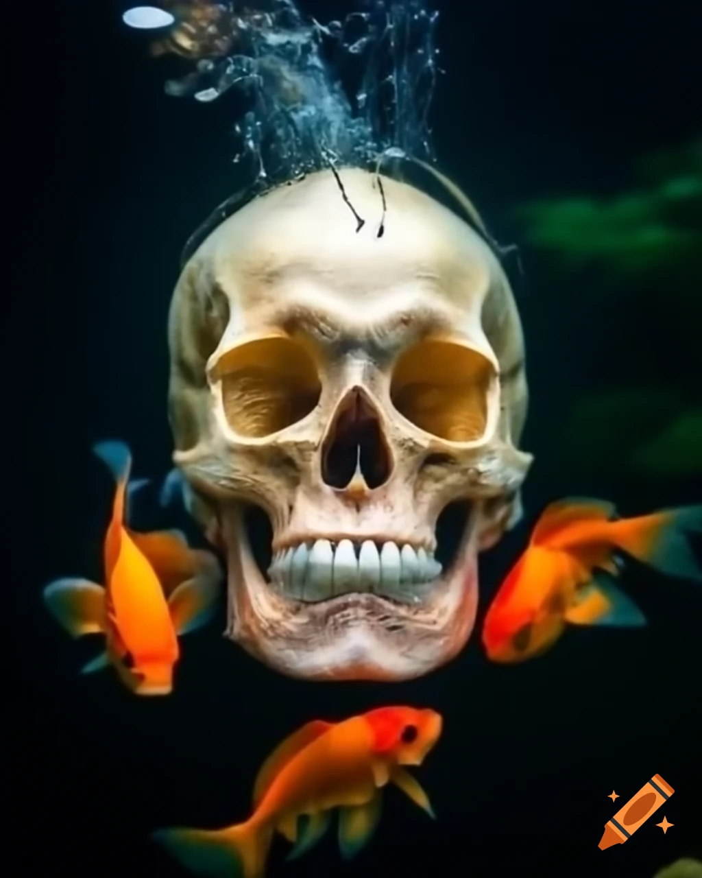 Goldfish swimming in a decorative skull