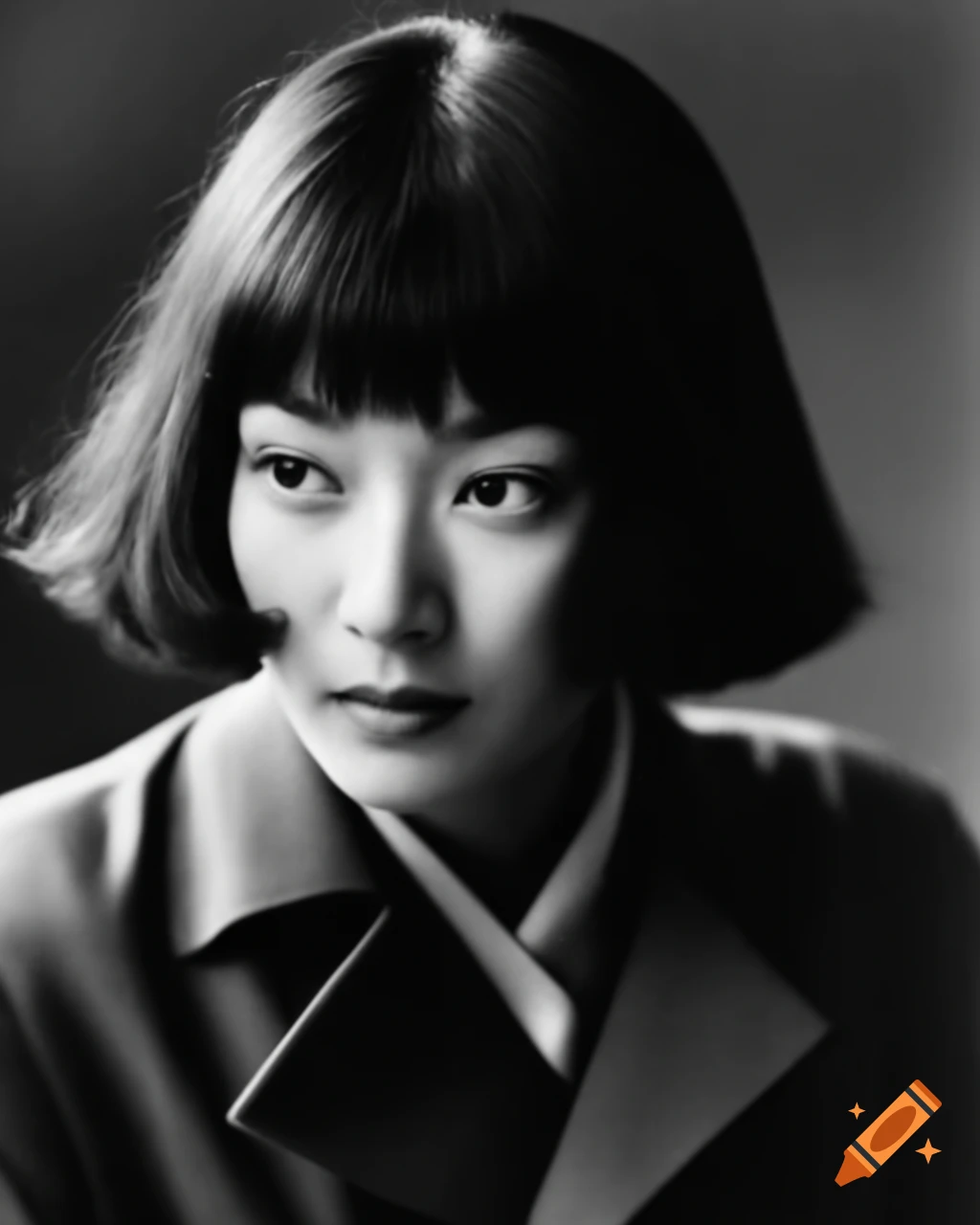 Ukiyo-e style depiction of Asian actress in trenchcoat with layered bob hairstyle