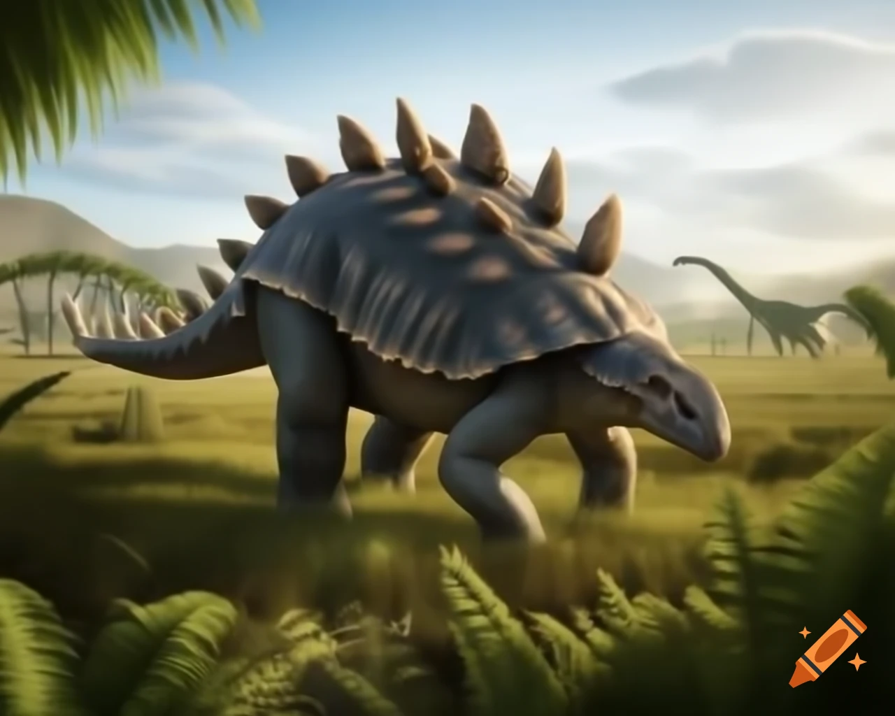 Ankylosaurus walking in prehistoric fern prairie with Diplodocus in background