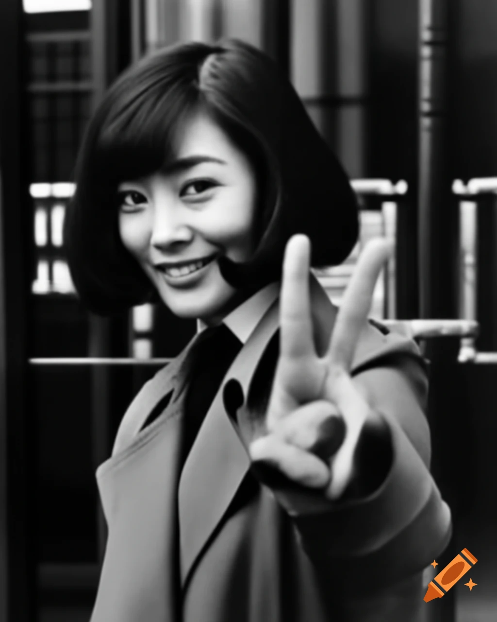 Famous Japanese actress with retro 1960 hairstyle making peace sign in front of school gates