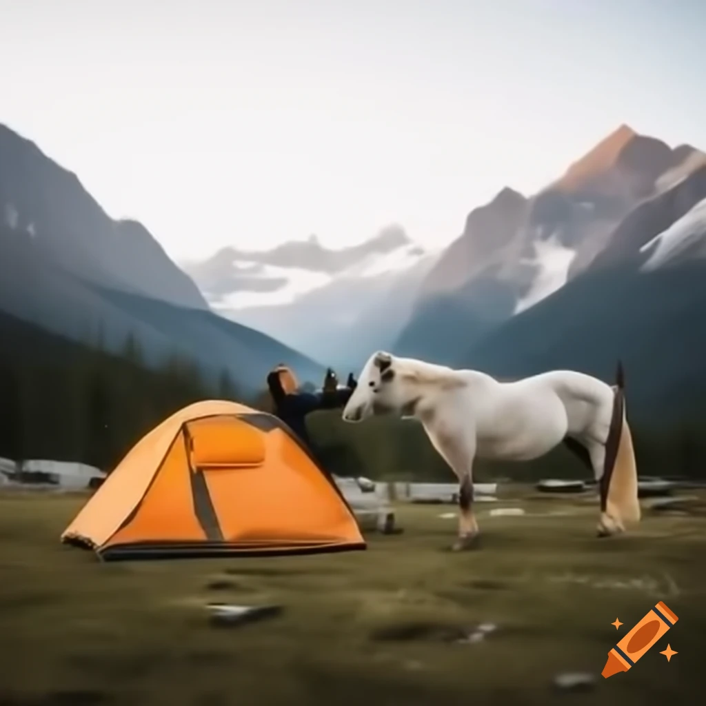 Camping tent in mountains with horse and woman nearby