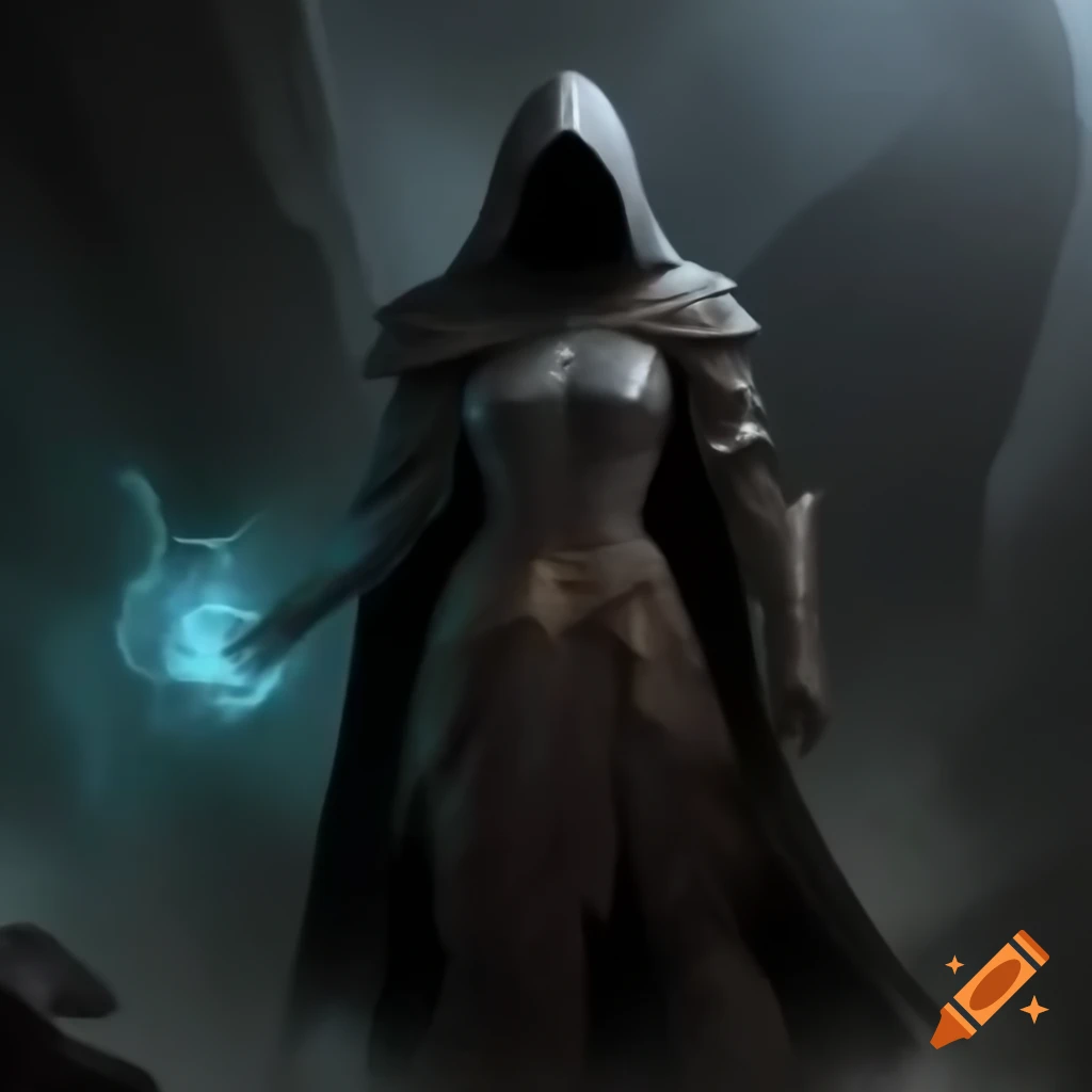 Mysterious warrior in black hood wielding magic in foggy canyon