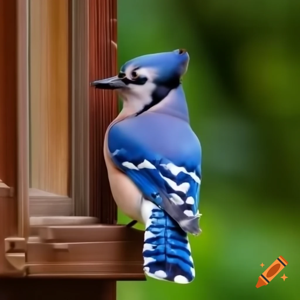 Blue jay perched on window in forest setting