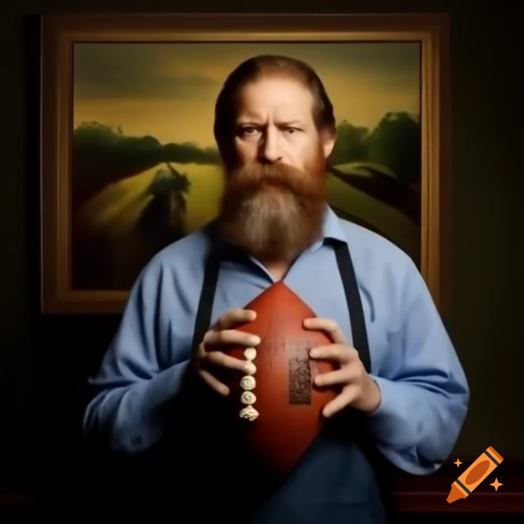 John Jacob Jingleheimer Schmidt with beard holding a football, in old oil painting style