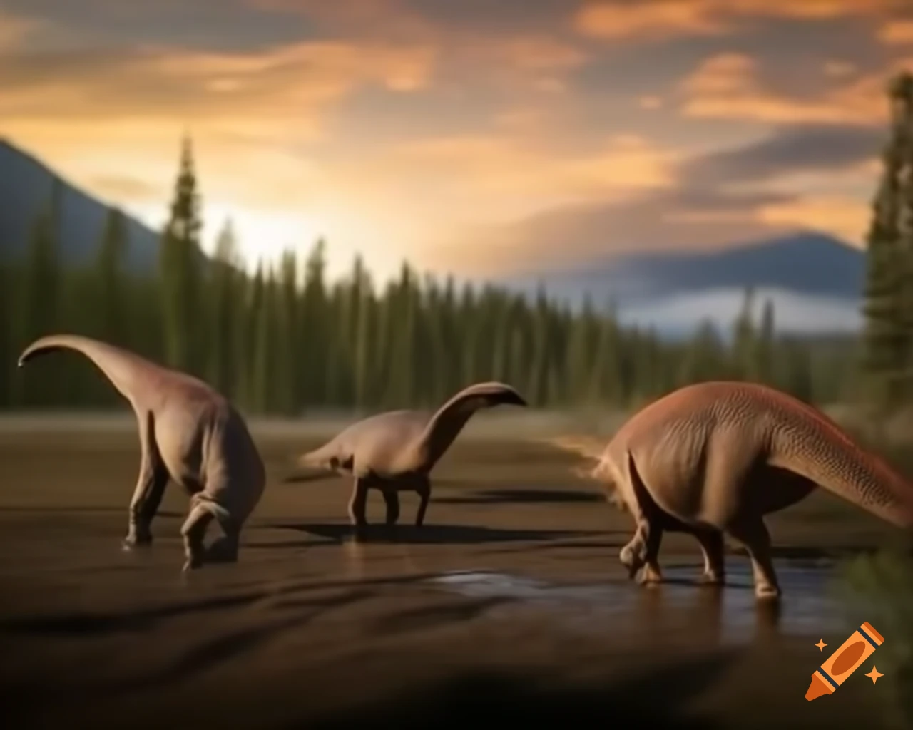 Hadrosaurus trio walking along muddy lake bank in British Columbia during golden hour