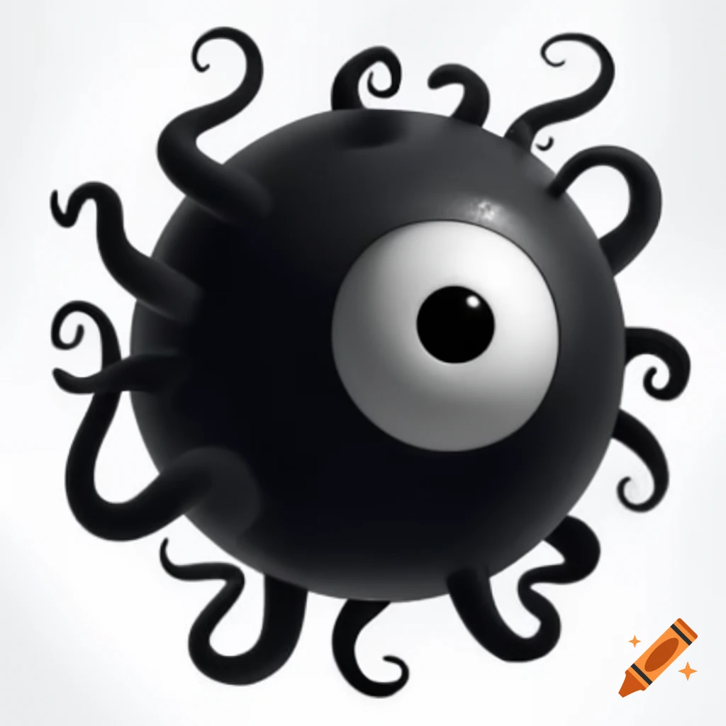 Black sphere with tentacles and stylized white eye design