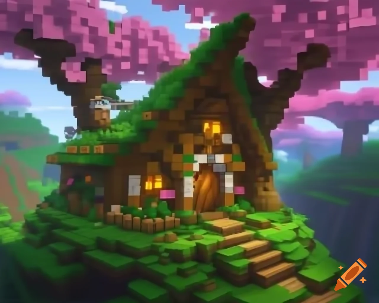 Fantasy hobbit house with pink trees in spring, Minecraft style