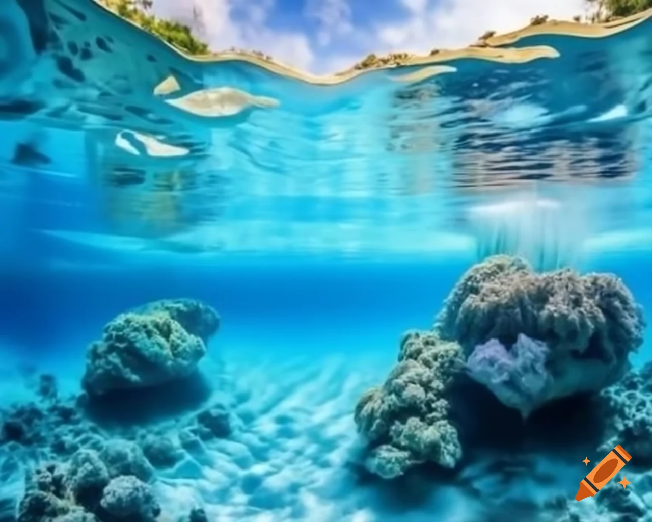 Hyper realistic lake with crystal blue water, stones, corals, and jellyfish