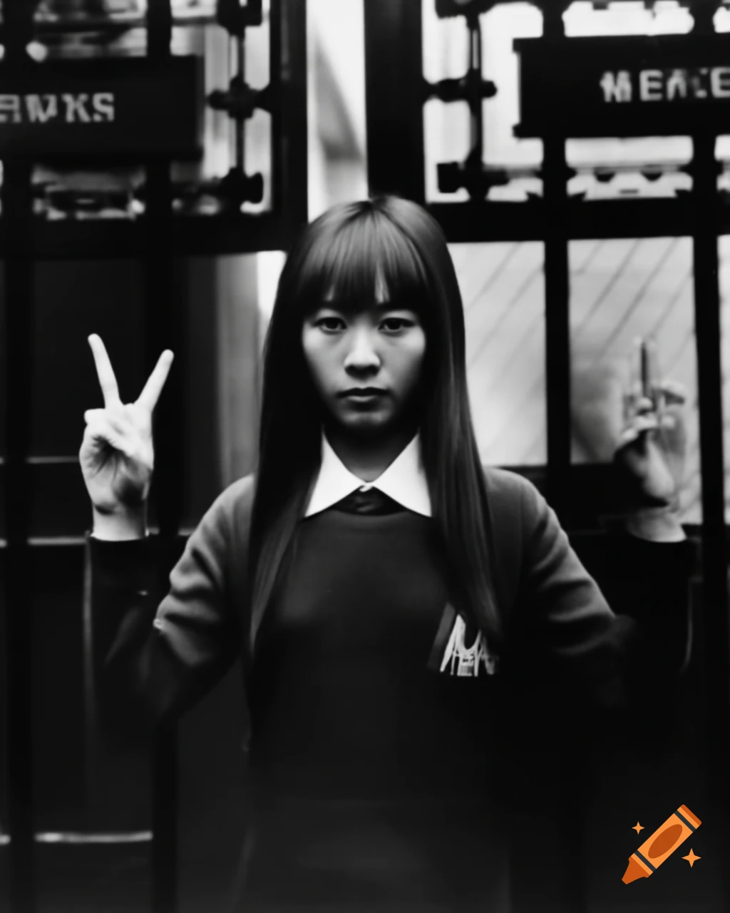 Vintage portrait of Asuka Langley making peace sign at school gates