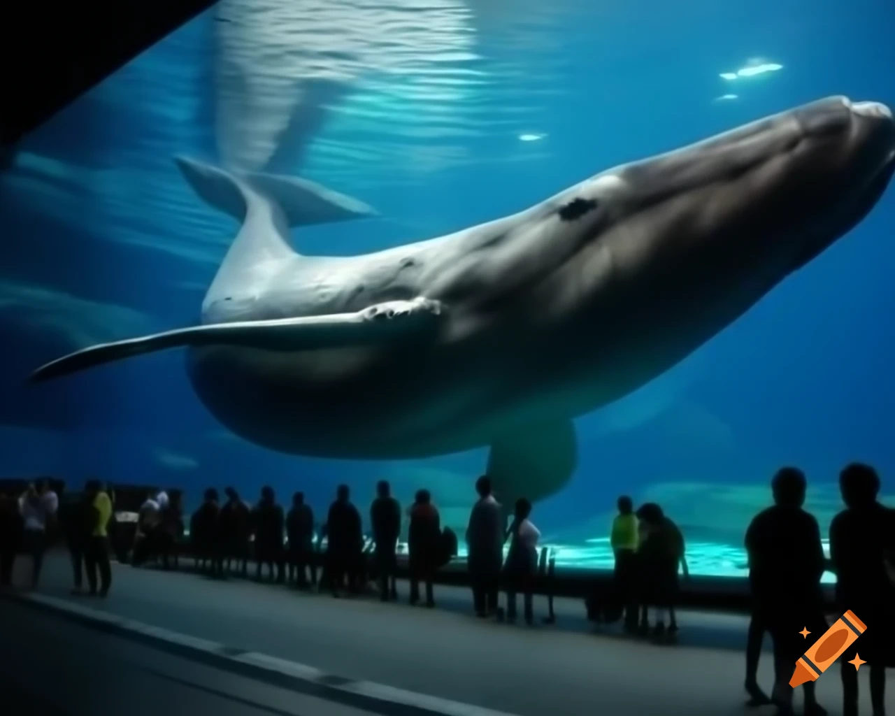 Large aquarium featuring whale on busy street with onlookers