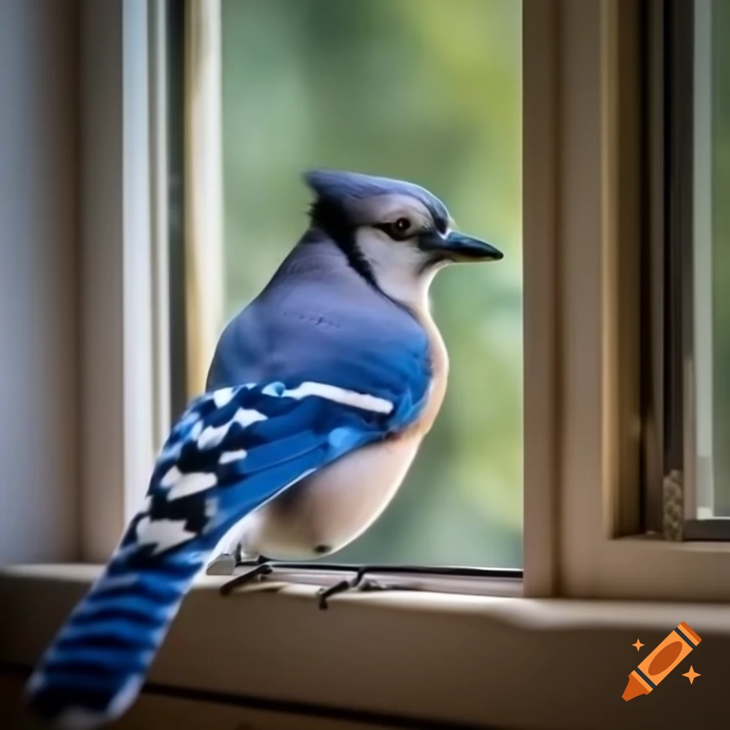 Blue jay pecking at window with forest background